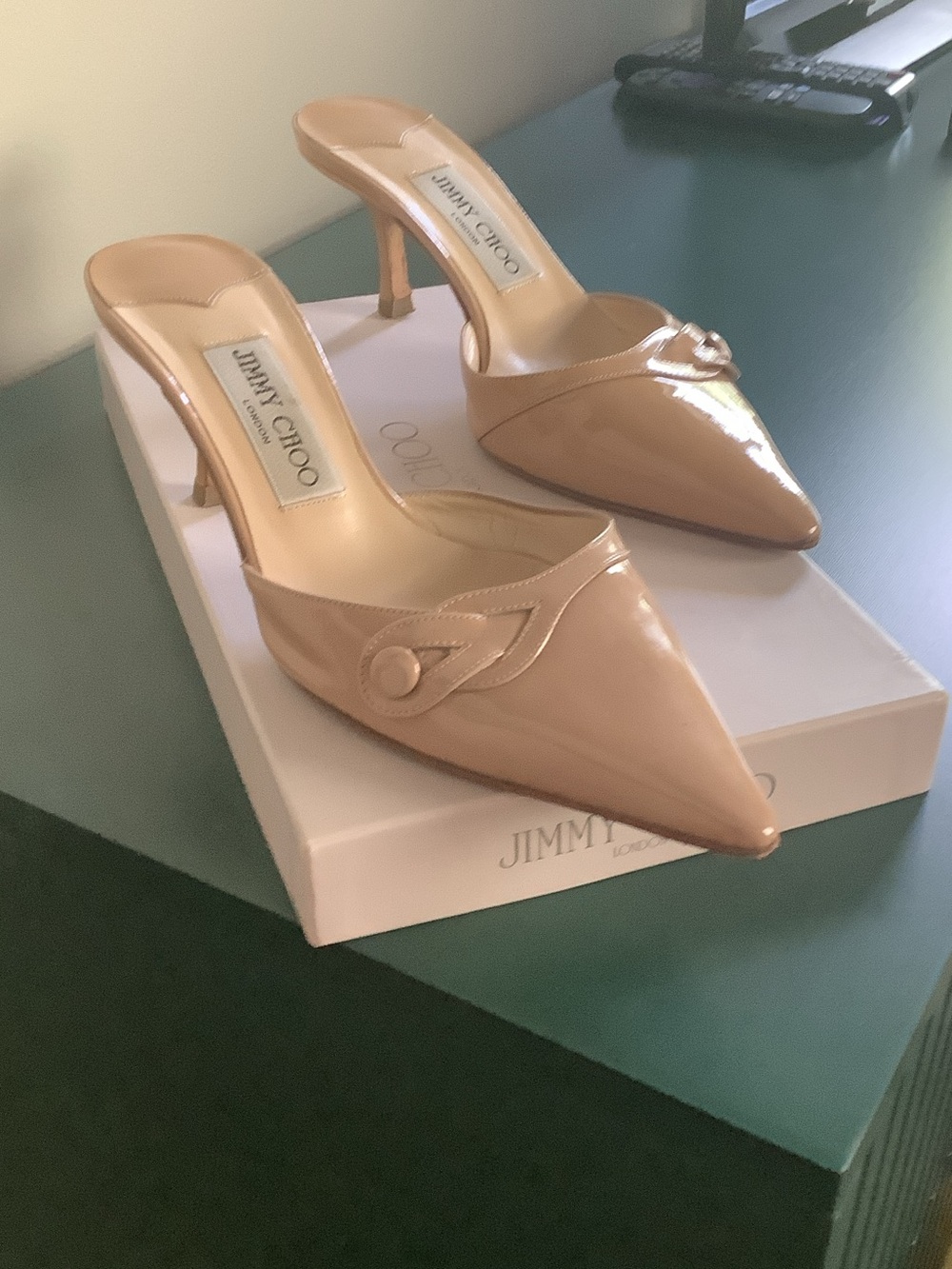 Jimmy Choo Beige Patent Leather Pointed-Toe Mule Heels